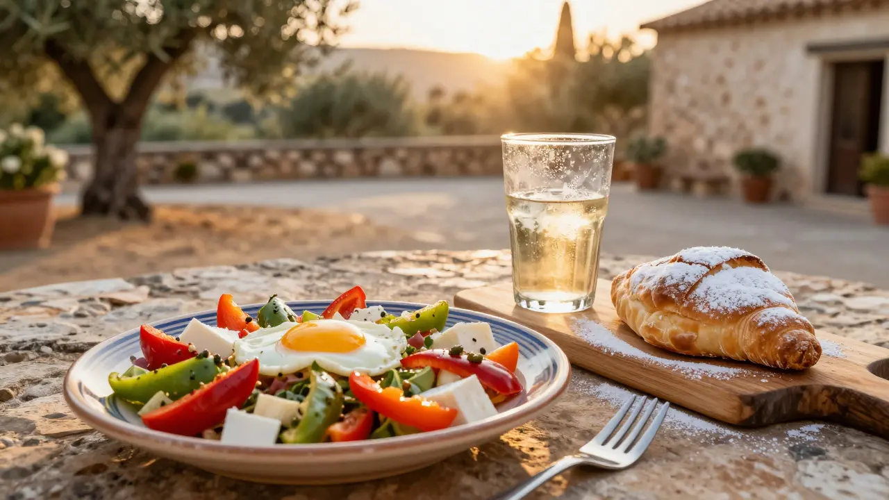 Ensalada payesa y ensaimada tradicionales en una terraza rústica de Mallorca.