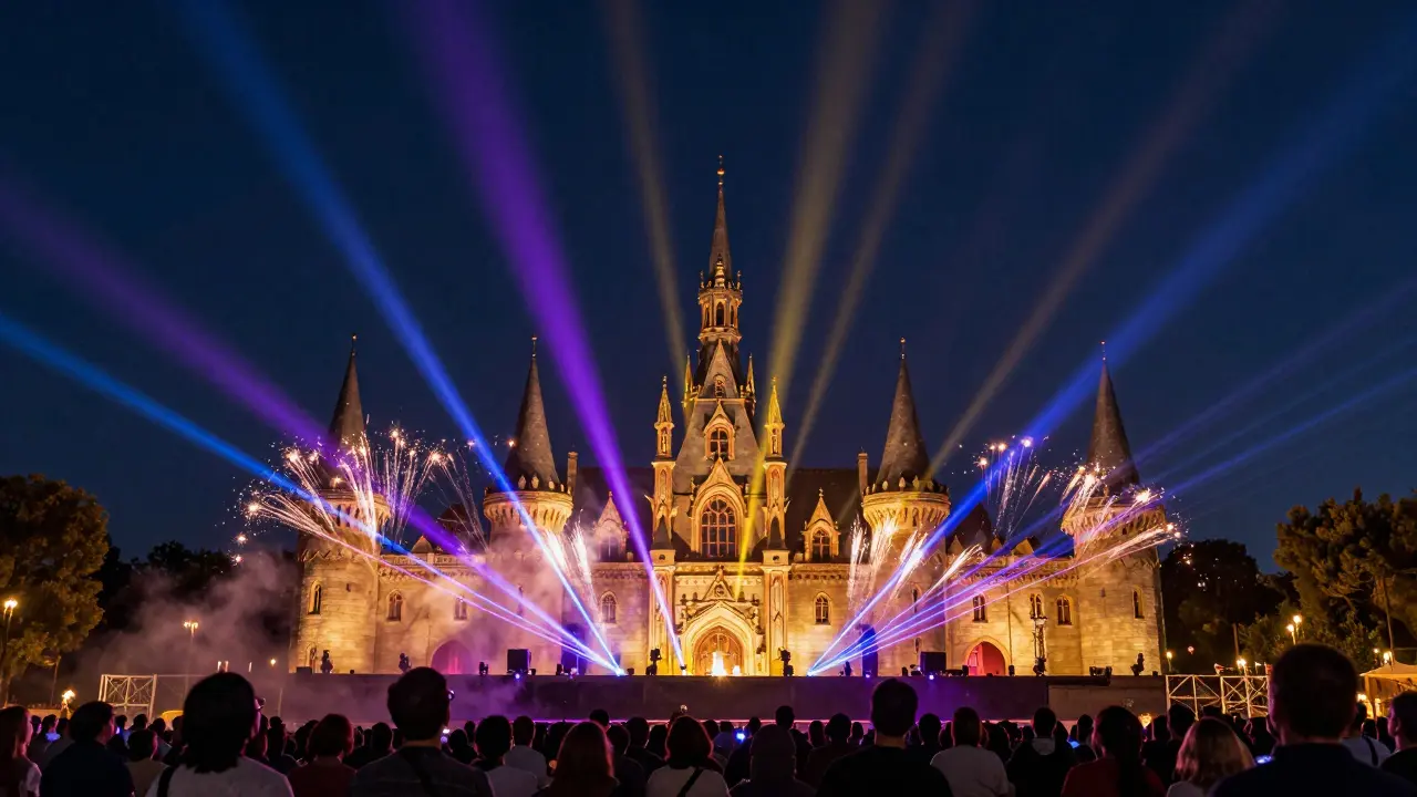Espectáculo nocturno en Puy du Fou con luces láser y efectos visuales sobre un escenario histórico.