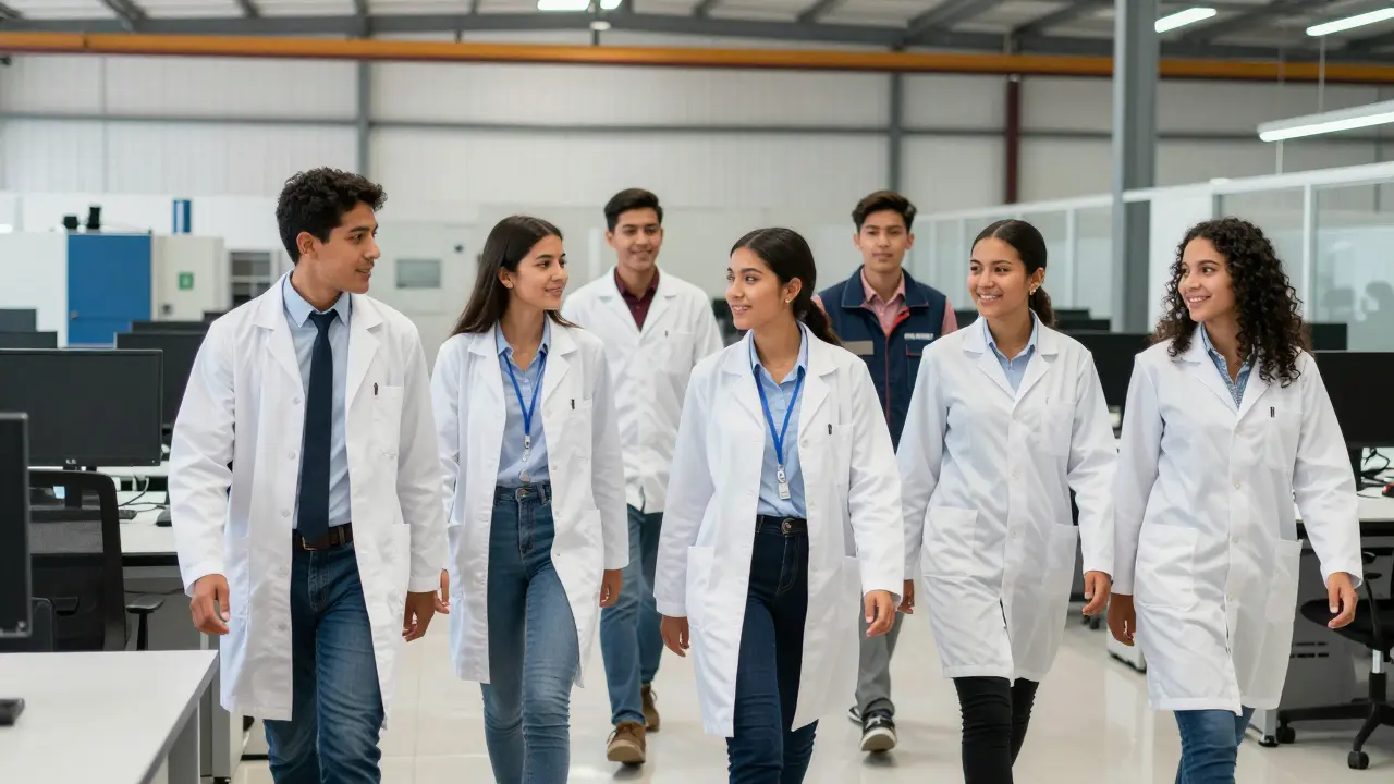 Estudiantes del SENA con vestimenta profesional caminando hacia sus prácticas laborales.