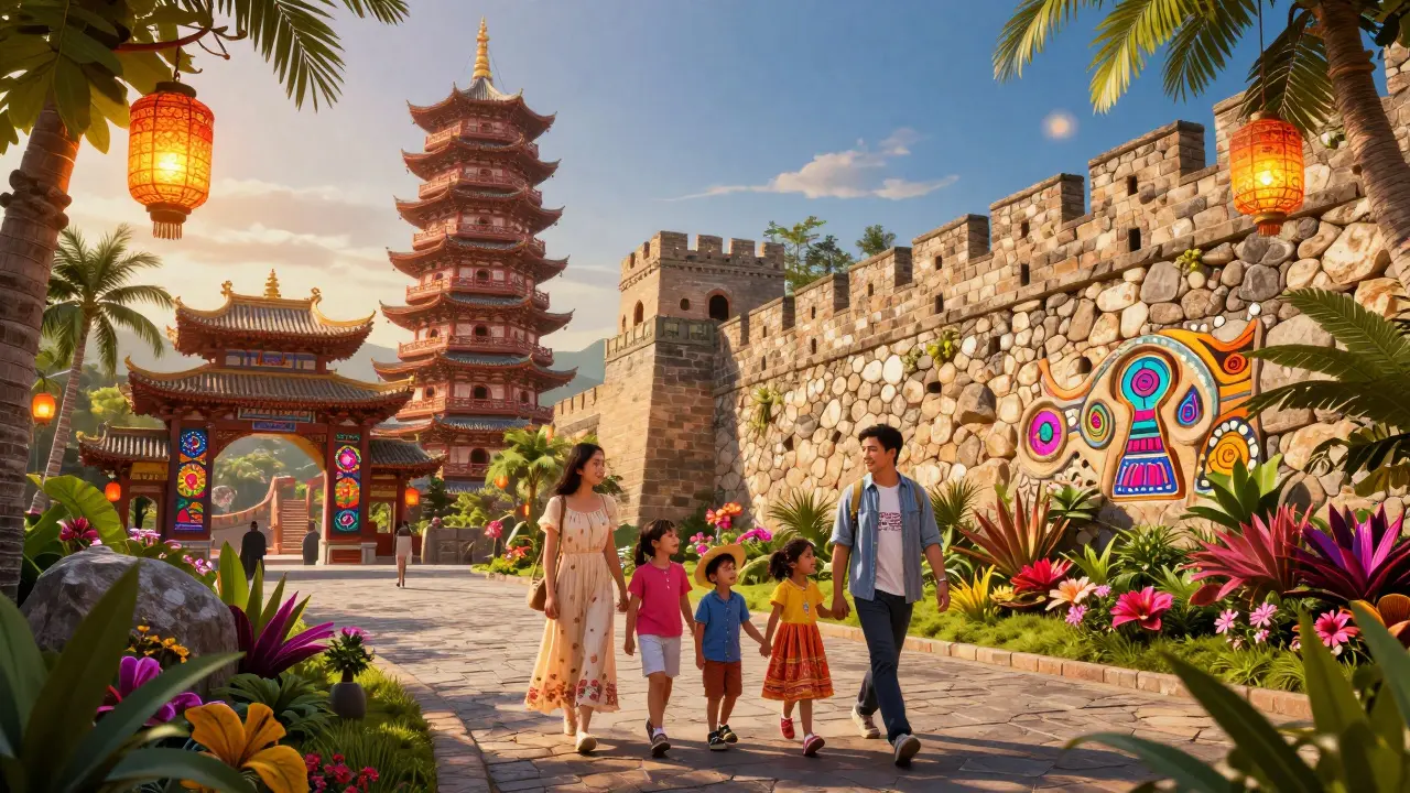Familia paseando por una zona temática que combina arquitectura china y mexicana en el parque.