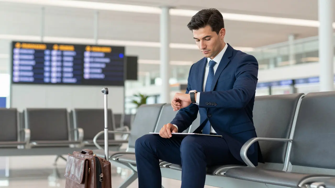 Hombre de negocios con maletín en la sala VIP de un aeropuerto moderno