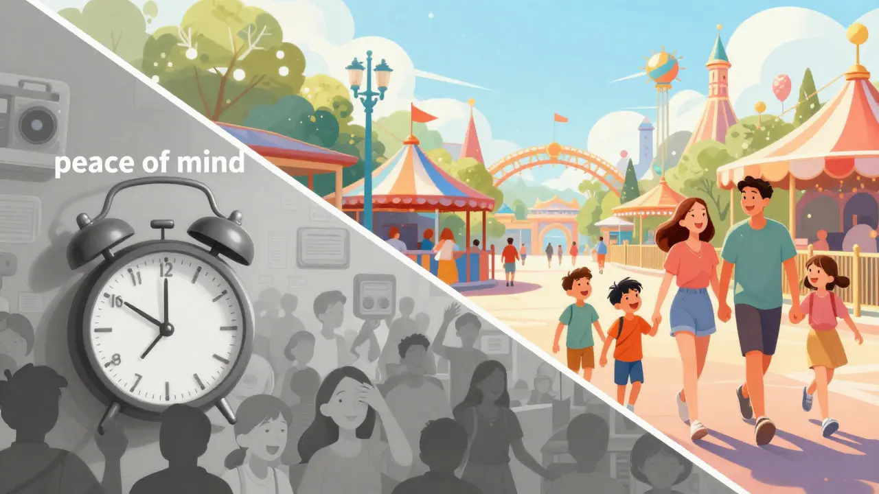 Ilustración conceptual que contrasta el estrés de las colas con la tranquilidad del pase rápido.