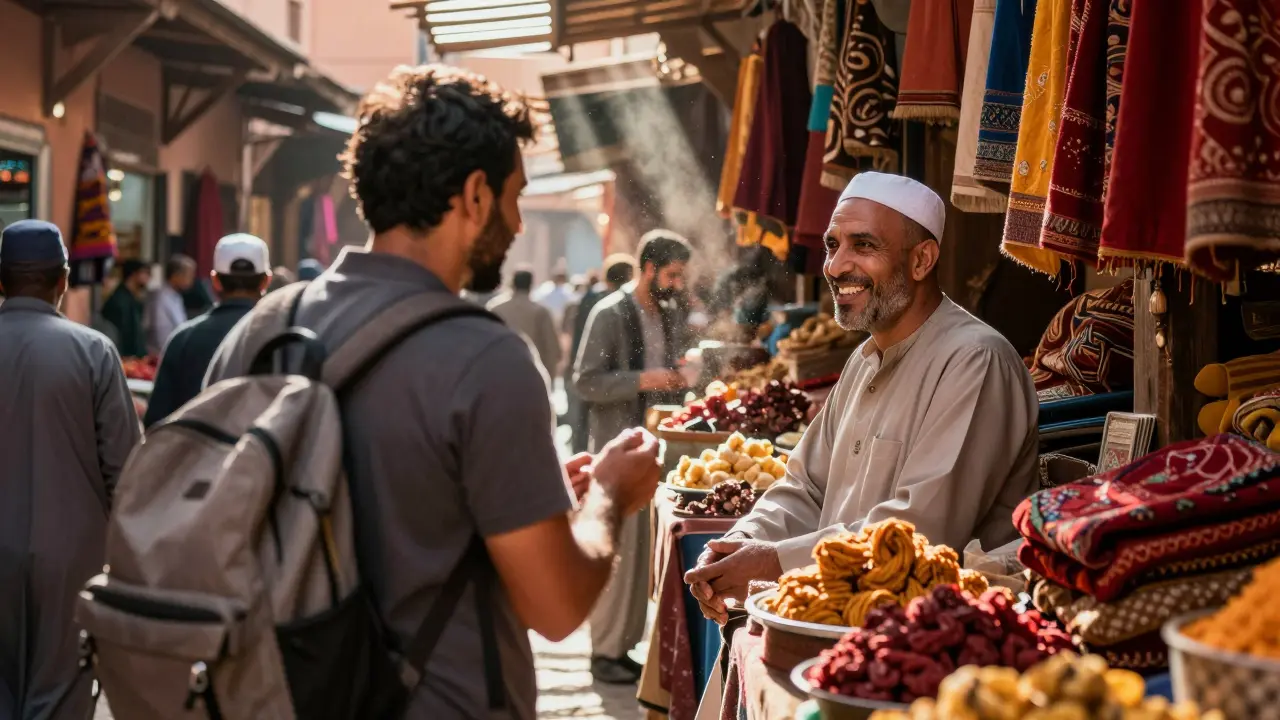 Interacción genuina entre un viajero y un comerciante en un mercado de Marrakech.