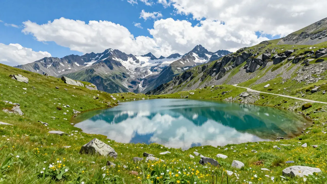 Lagos glaciares cristalinos y prados verdes en las altas cumbres de los Pirineos.