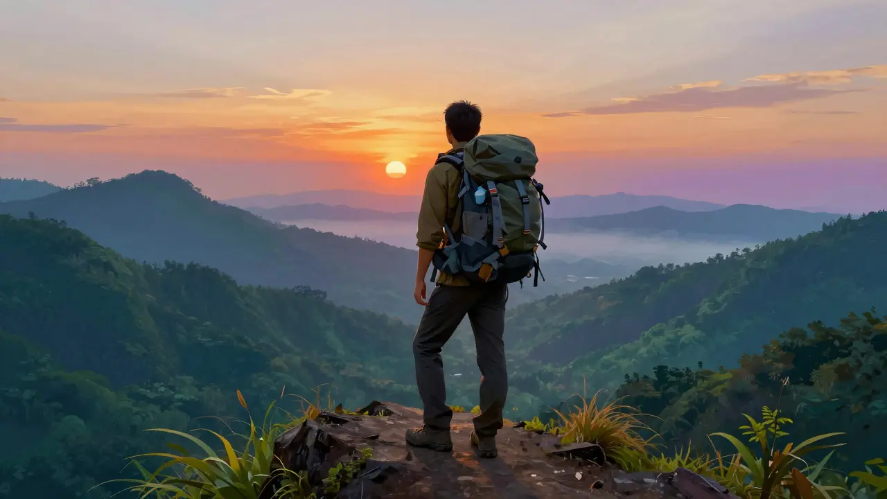 Mochilero contemplando un valle brumoso al amanecer durante un viaje de aventura