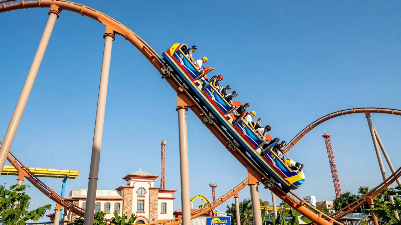 Montaña rusa adrenaline en el Parque Warner Madrid bajo un cielo azul despejado.
