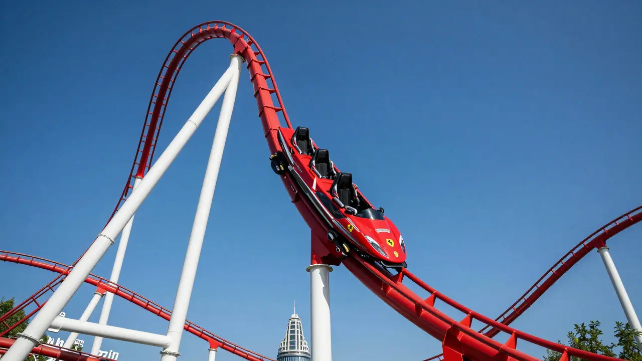 Montaña rusa roja de Ferrari Land ascendiendo verticalmente bajo un cielo azul despejado.