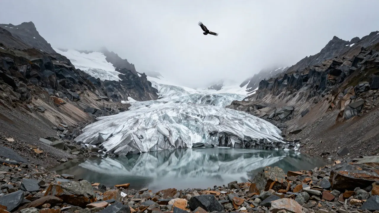 Paisaje del glaciar del Aneto con un quebrantahuesos volando sobre las montañas.