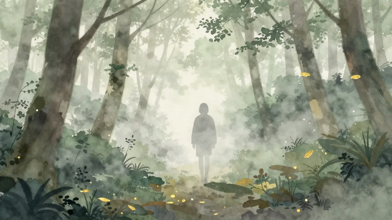 Persona caminando en calma por un bosque japonés envuelta en niebla.