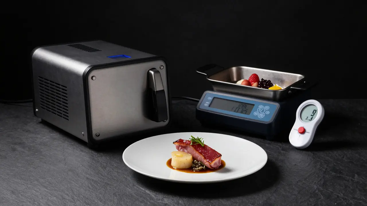 Plato de alta cocina junto a maquinaria de cocina al vacío sobre una superficie de pizarra.