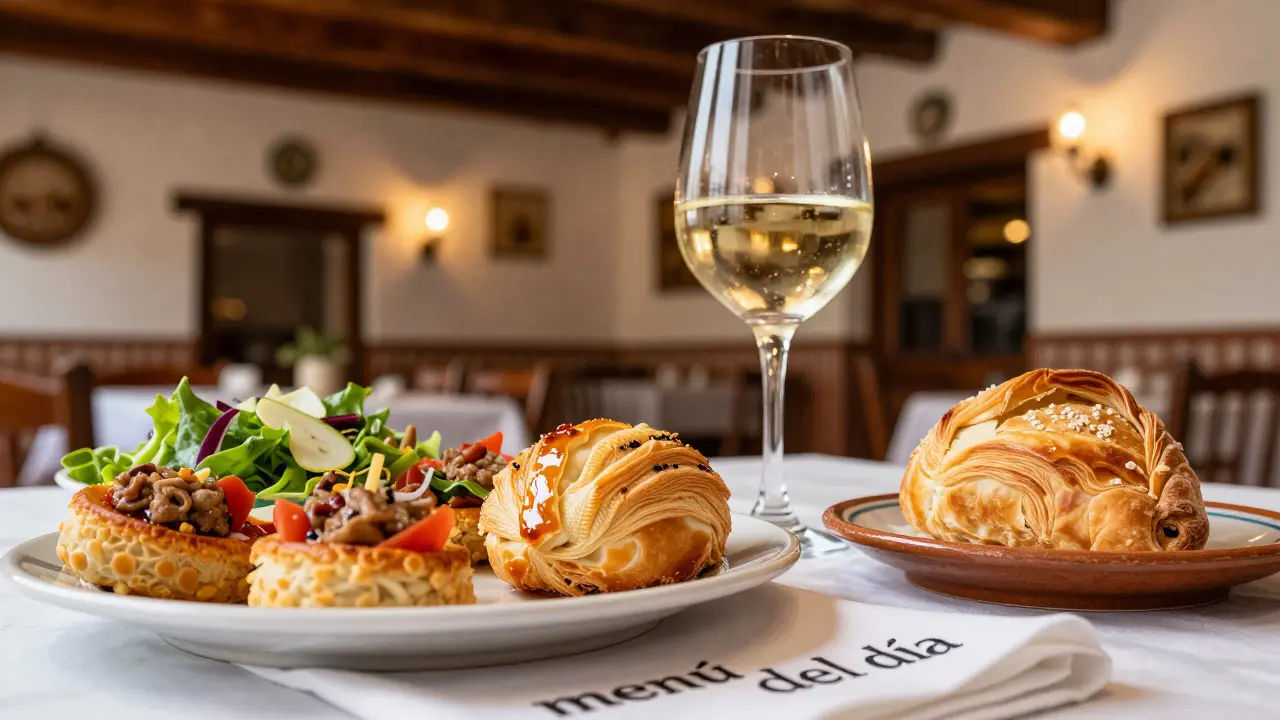 Plato de tapas tradicionales y una ensaimada sobre una mesa de madera rústica.