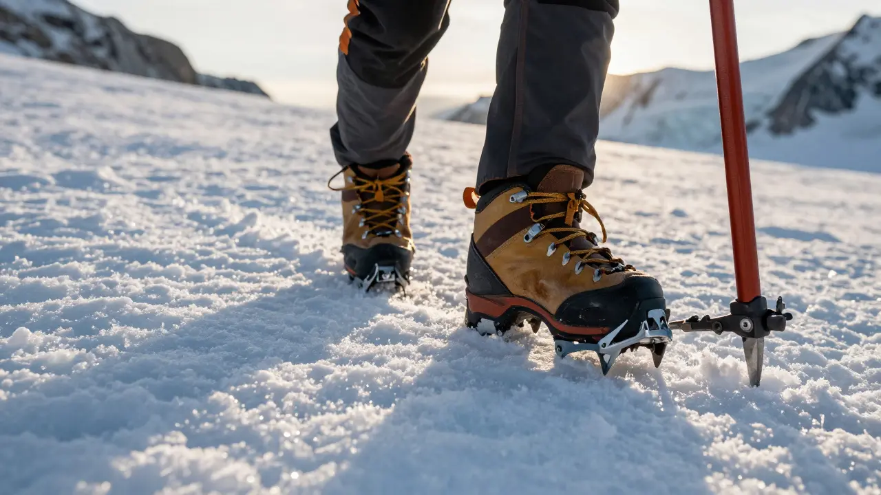 Primer plano de botas con crampones y un piolet sobre el hielo del glaciar del Aneto.