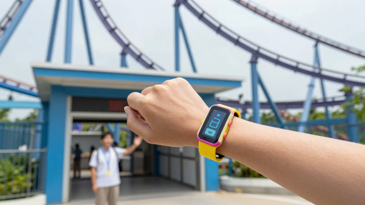 Primer plano de una pulsera de acceso preferente frente a una gran montaña rusa.