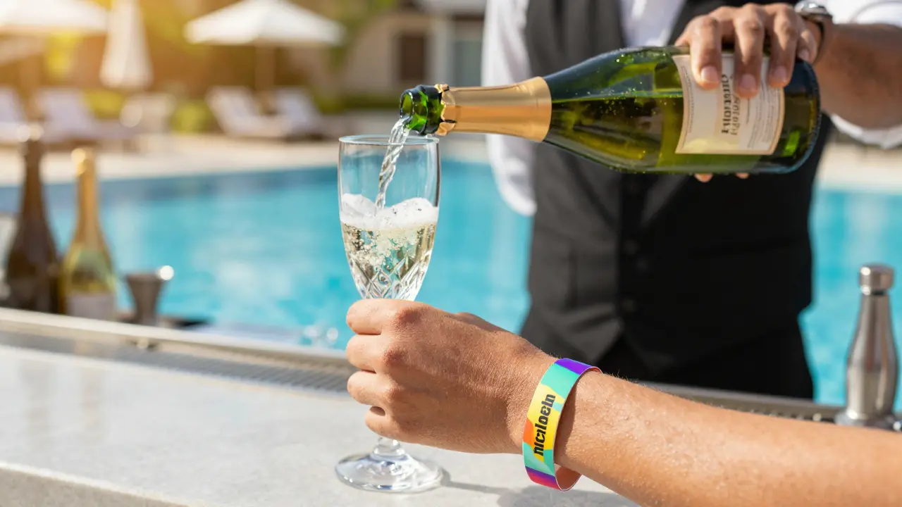 Primer plano de una pulsera de todo incluido frente a una botella de champán premium en un bar.