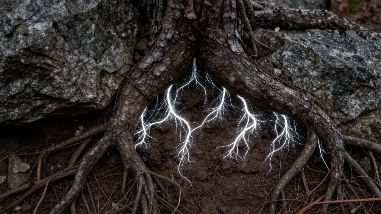 Raíces de pino entrelazadas con filamentos blancos de hongos micorrizas