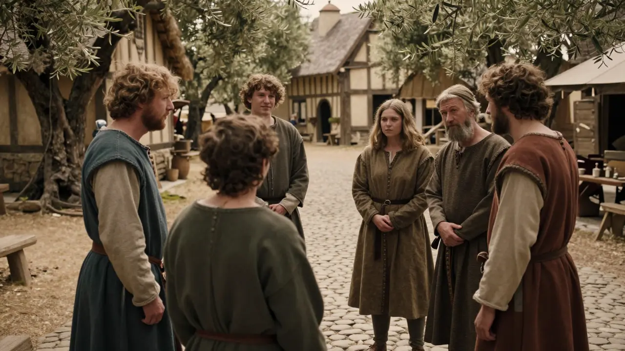 Recreación detallada de la vida cotidiana en la Edad Media con actores en un pueblo histórico.