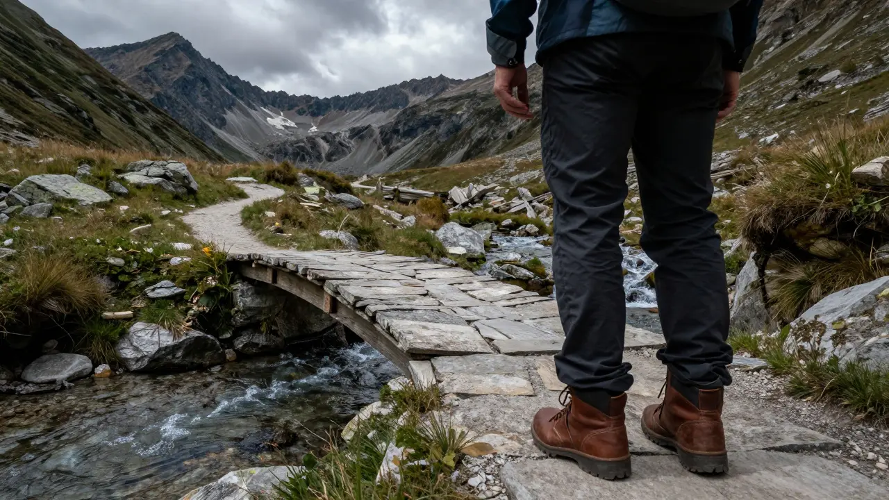 Senderista cruzando un pequeño puente de piedra en un sendero fronterizo de alta montaña.