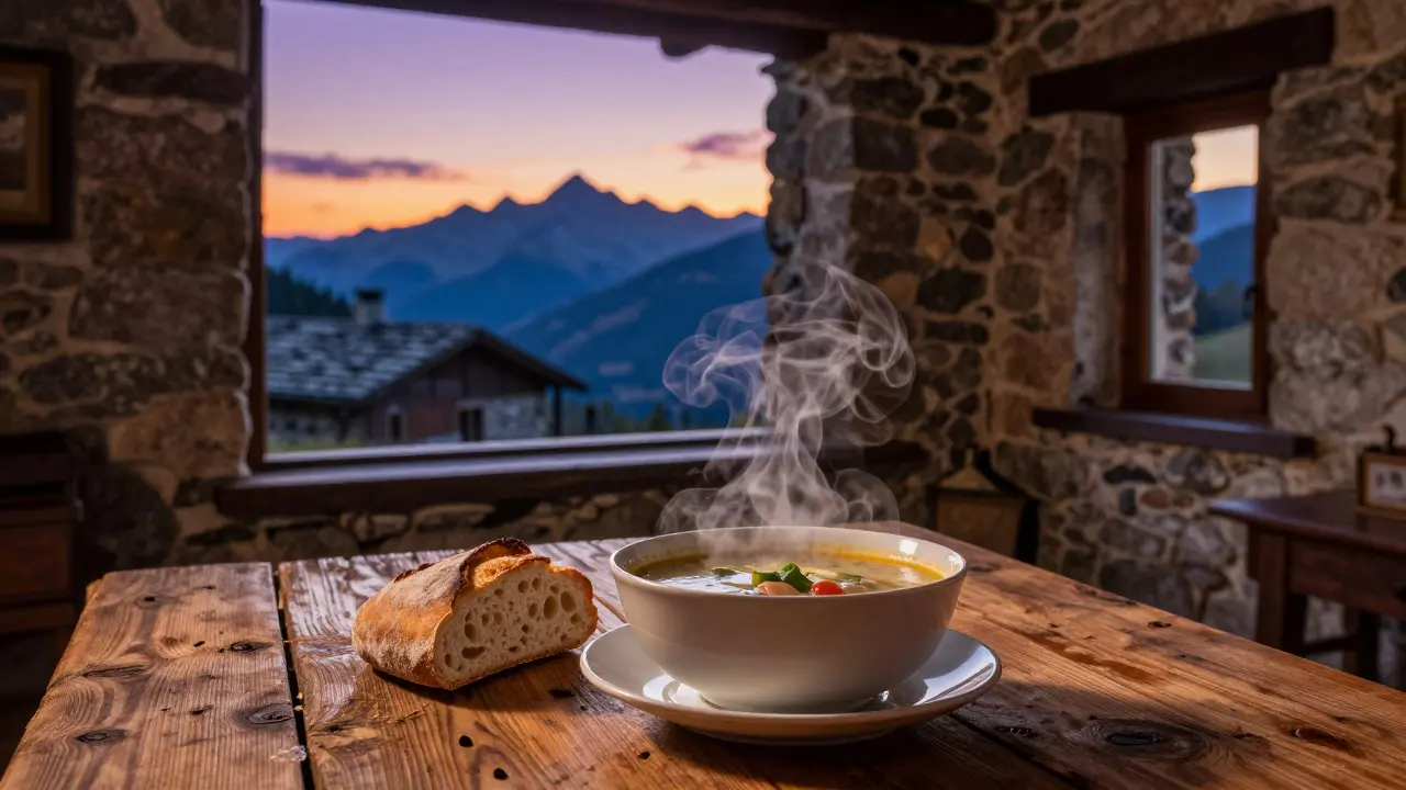 Sopa Garbure tradicional sobre una mesa de madera con vista a las montañas al atardecer.
