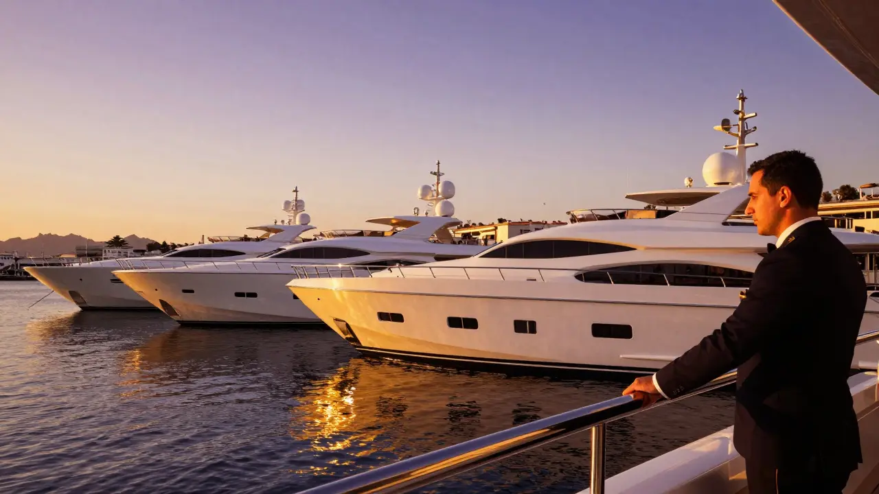 Superyates de lujo en el puerto de Ibiza durante un atardecer dorado
