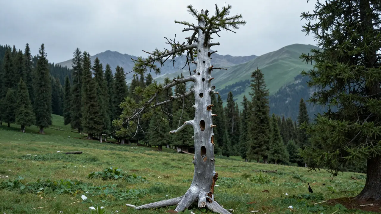 Tronco gris de un pino muerto en pie en un paisaje de montaña alpina