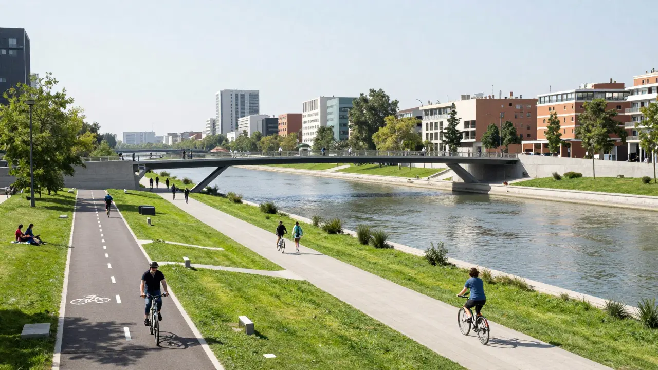 Vista moderna de Madrid Río con sus puentes arquitectónicos y carriles bici.
