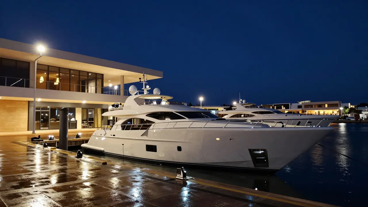 Yate anclado seguro en muelle moderno con luces de vigilancia nocturna