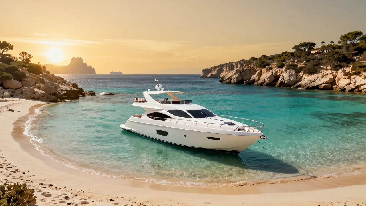 Yate de lujo anclado en una cala cristalina durante el atardecer en las Islas Baleares.