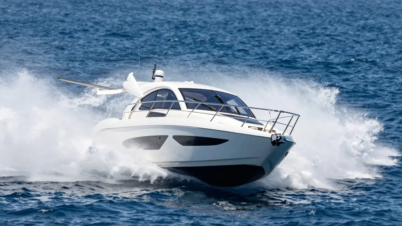 Yate deportivo veloz planeando sobre la superficie del mar con estela de agua.