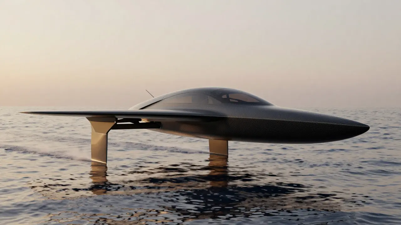 Yate tecnológico con hidroalas elevándose sobre el agua para reducir la fricción.