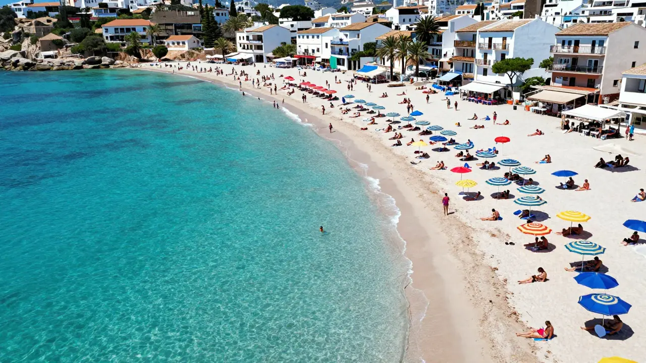 Aire de playa llena de gente en verano con aguas turquesas y sol brillante