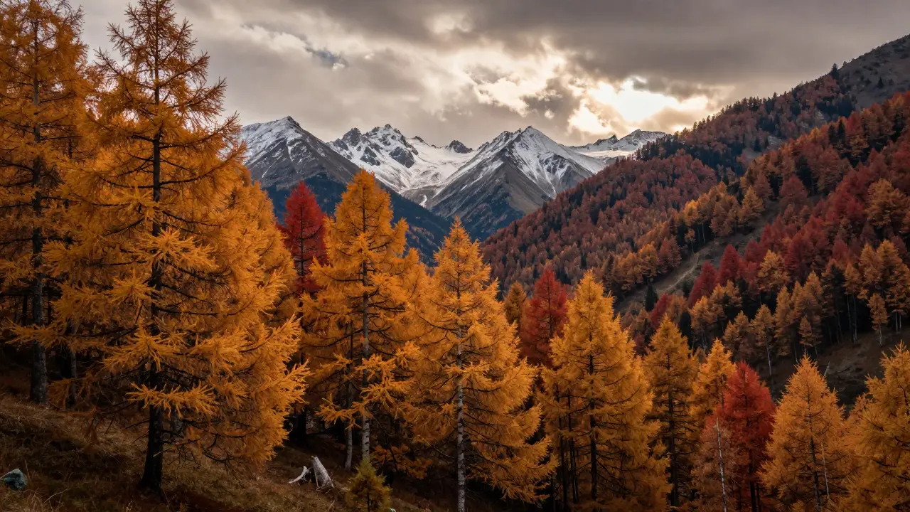 Bosques de otoño con colores dorados en los Pirineos