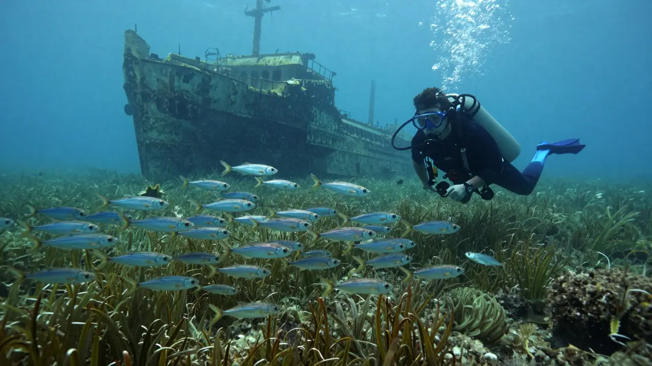 Buzo observando peces y praderas de posidonia cerca de un naufragio en aguas protegidas