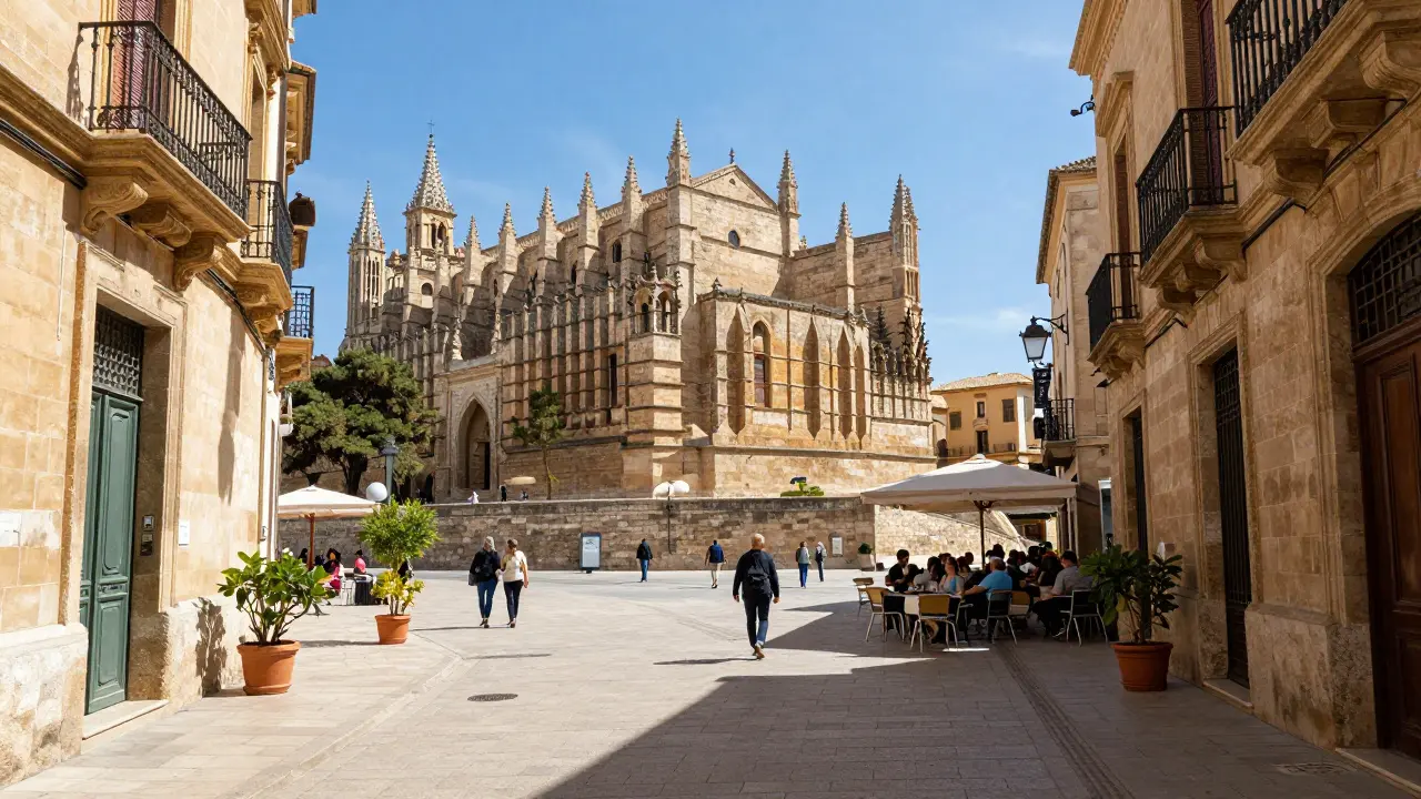 Calle soleada del casco antiguo de Palma de Mallorca con turistas paseando sin paraguas.
