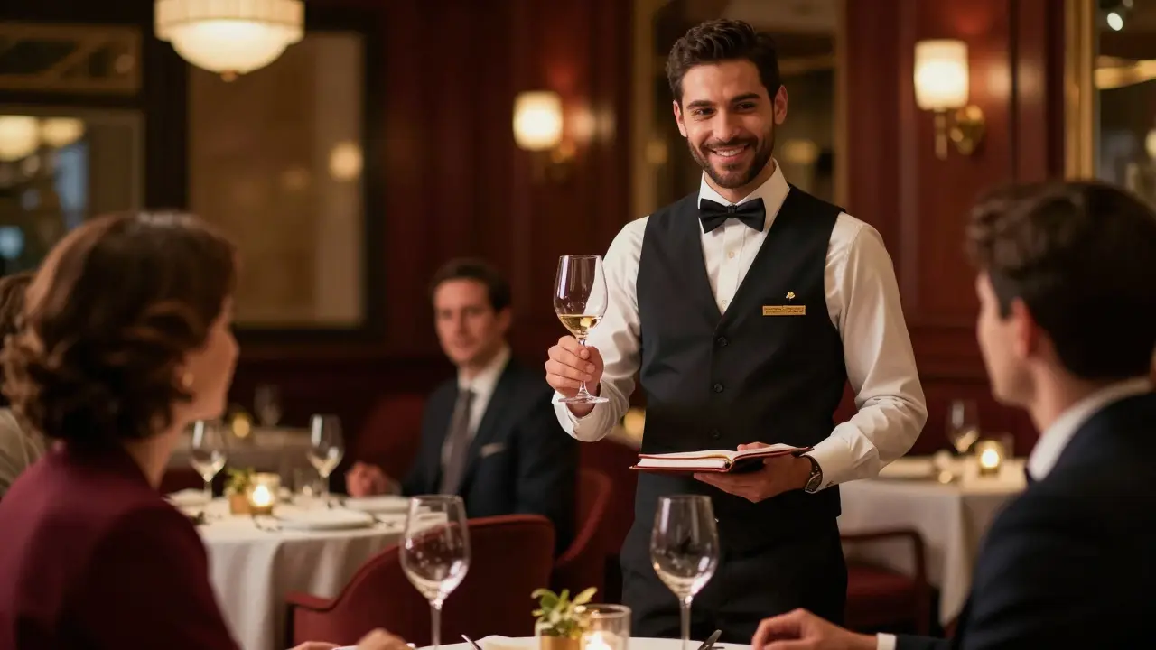 Camarero profesional en restaurante elegante de Bilbao con insignia