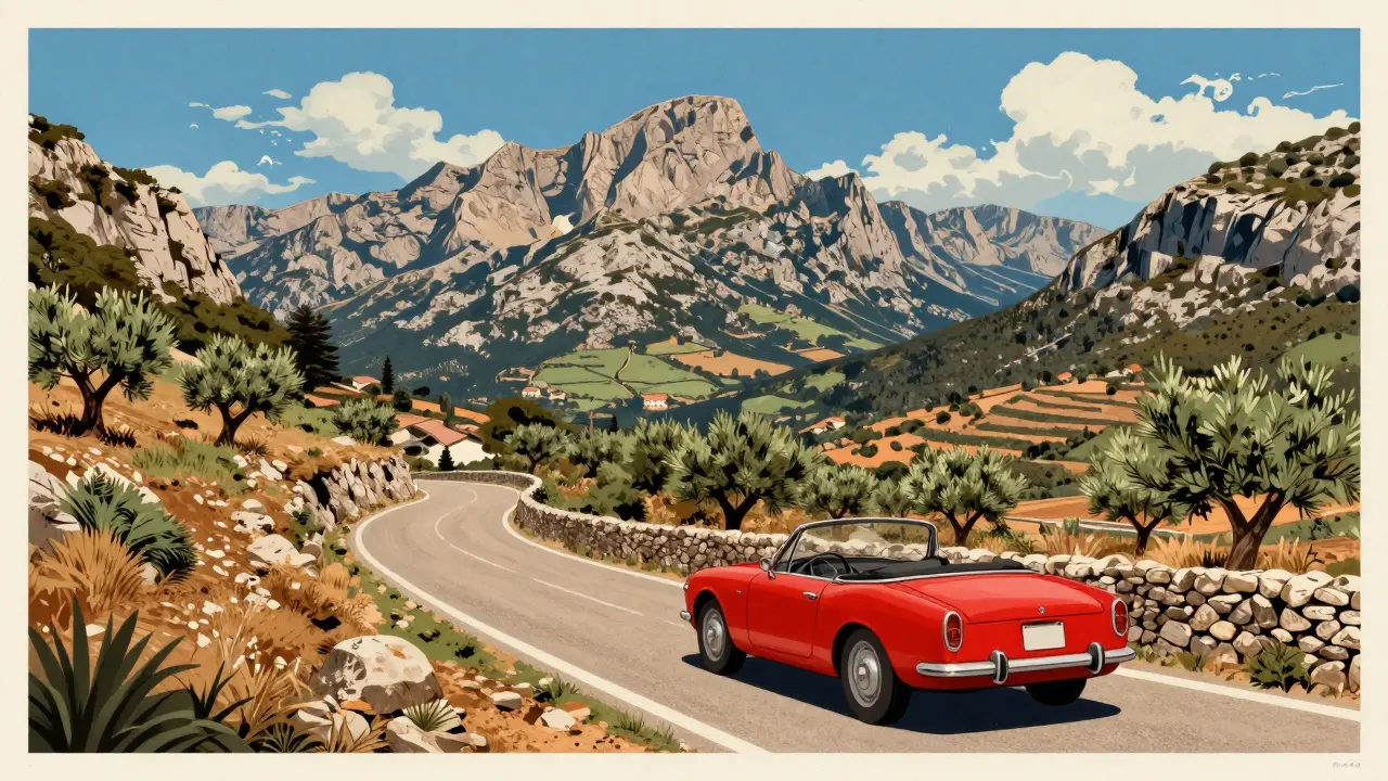 Carretera serpenteante en Serra de Tramuntana con coche clásico y campos de olivos