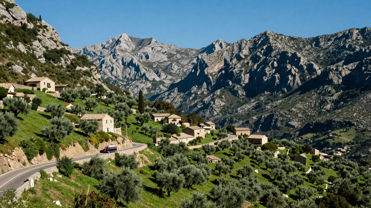 Carretera serpenteante entre montañas verdes de la Serra de Tramuntana