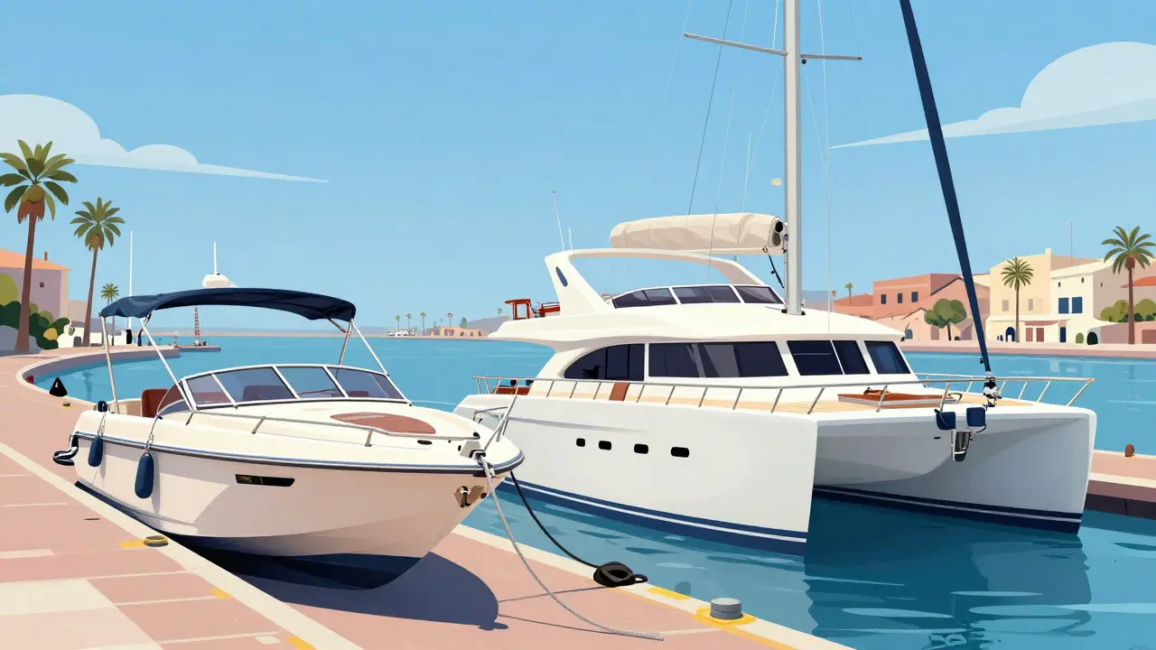 Comparación visual entre una lancha pequeña y un gran catamarán de lujo
