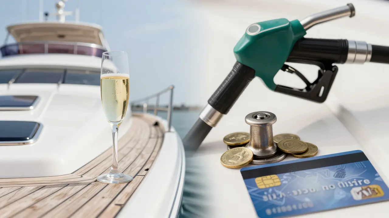 Detalle del yate mostrando elementos simbólicos de costes ocultos como combustible y depósito