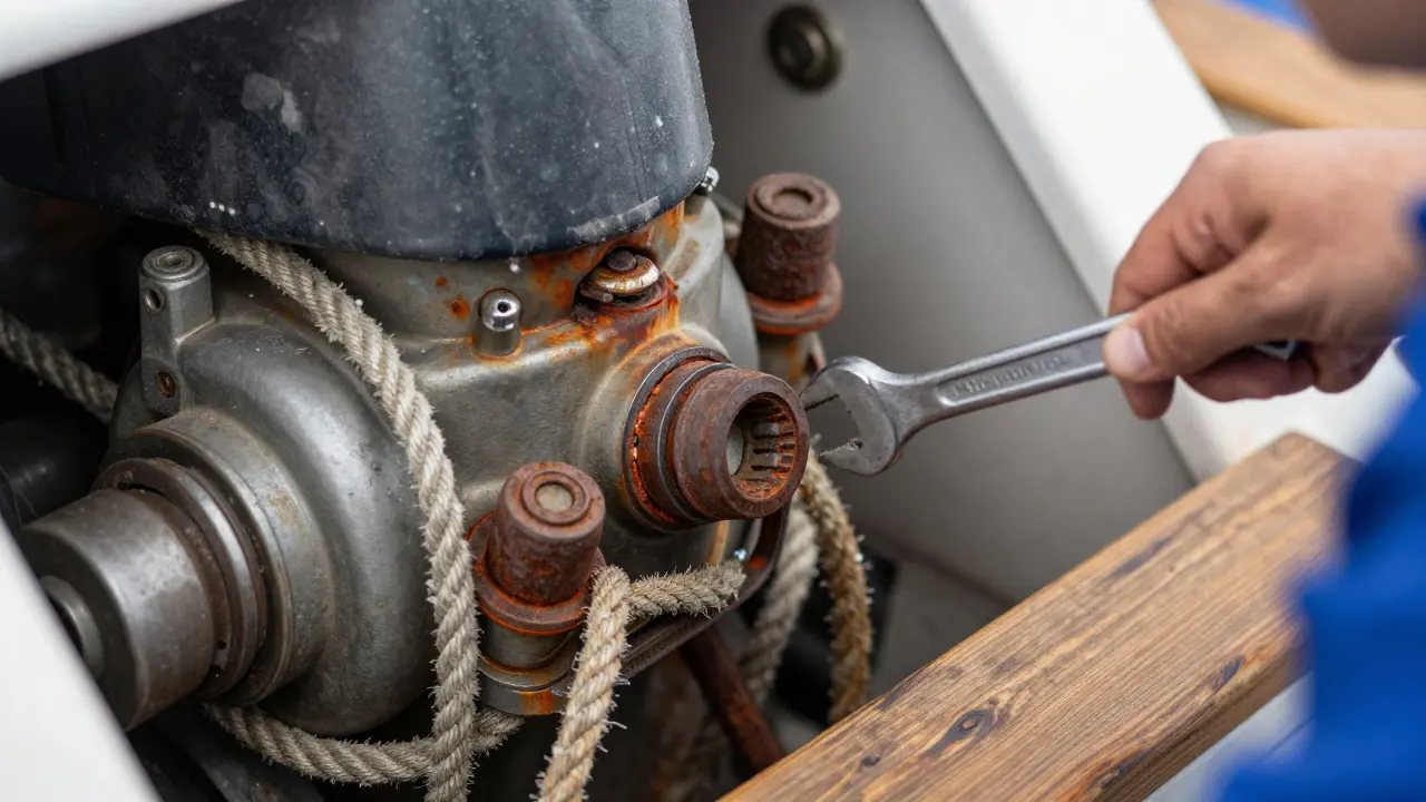 Detalles mecánicos de un barco mostrando corrosión por salitre