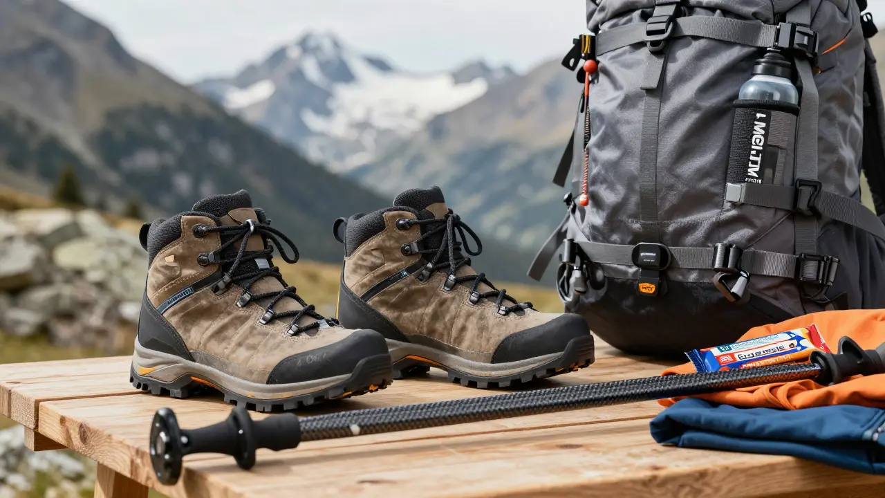 Equipamiento esencial para montaña: botas, bastones y mochila sobre roca
