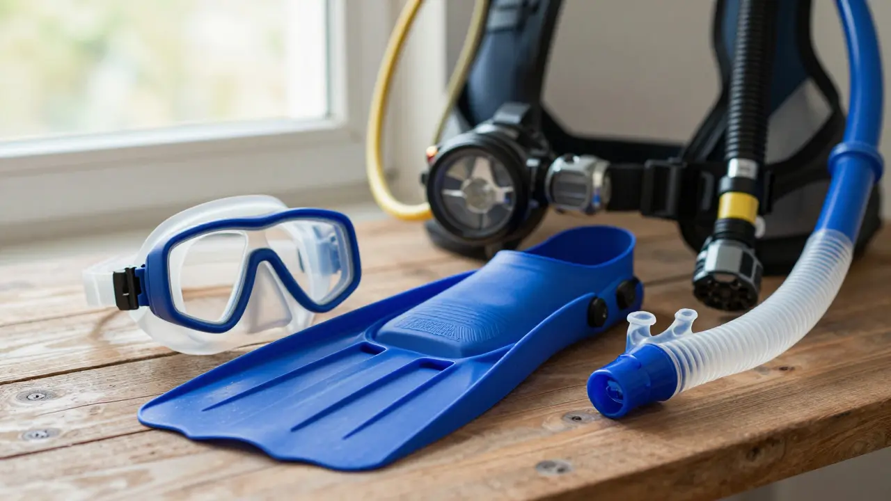 Equipo de buceo esencial: máscara, aletas y snorkel sobre mesa de madera con luz natural