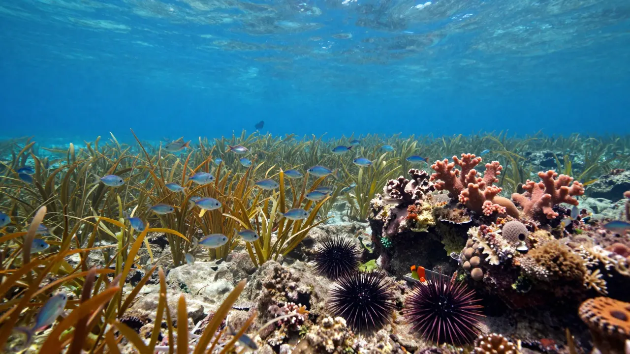 Escena submarina con peces, erizos y praderas de posidonia en aguas claras