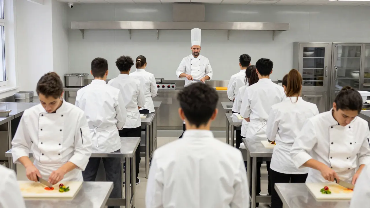Estudiantes en batas blancas practicando técnicas culinarias en un aula profesional de formación gastronómica.