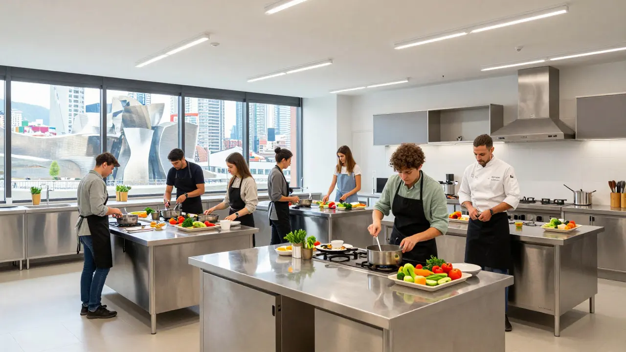 Estudiantes participando en una clase de cocina española moderna en Bilbao