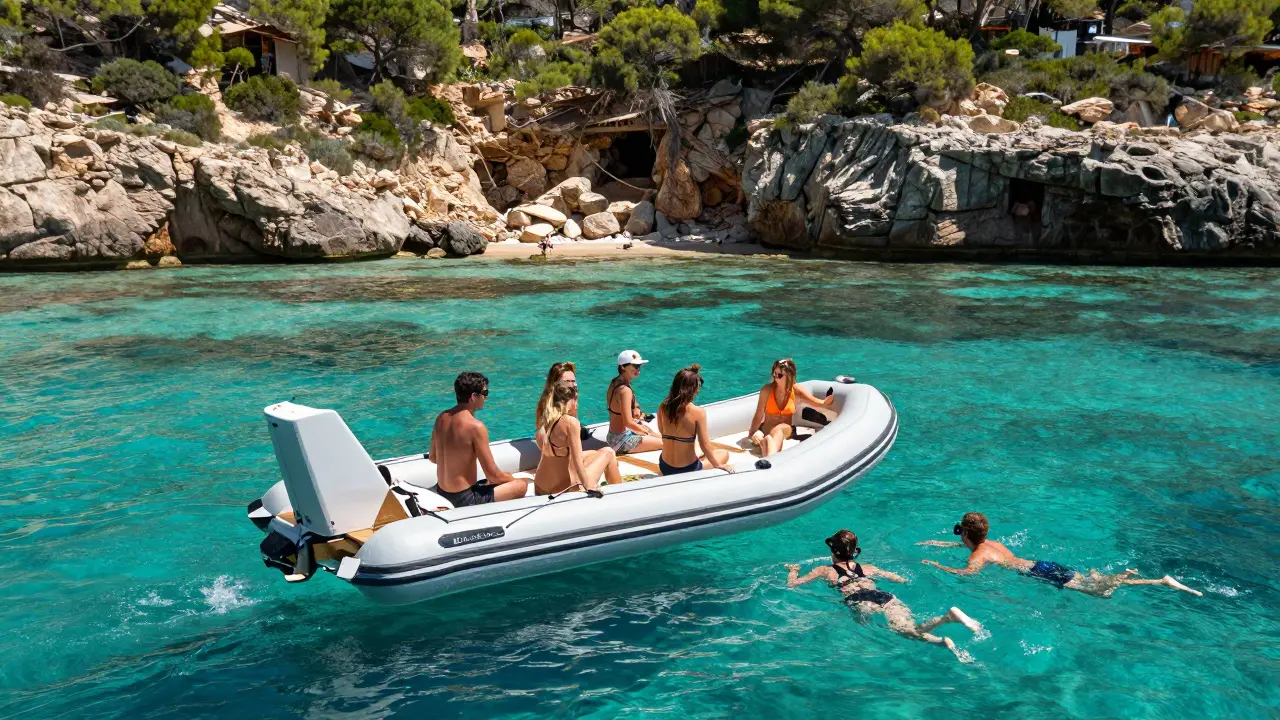 Grupo de amigos disfrutando de un barco pequeño cerca de una cala escondida en Ibiza