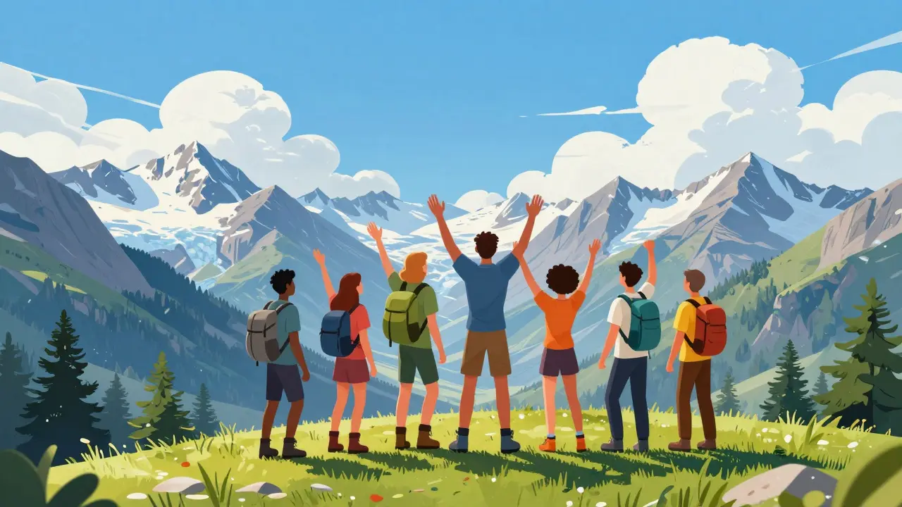 Grupo de excursionistas celebrando en la cima de un pico nevado soleado