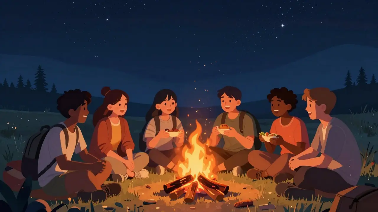 Grupo diverso compartiendo momentos junto a una fogata bajo el cielo estrellado, mostrando conexión humana