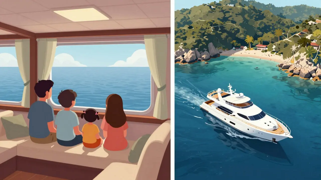 Ilustración comparativa entre viajar en ferry público y en barco privado