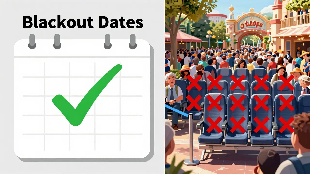 Ilustración conceptual de fechas bloqueadas en parques temáticos con calendario rojo y verde