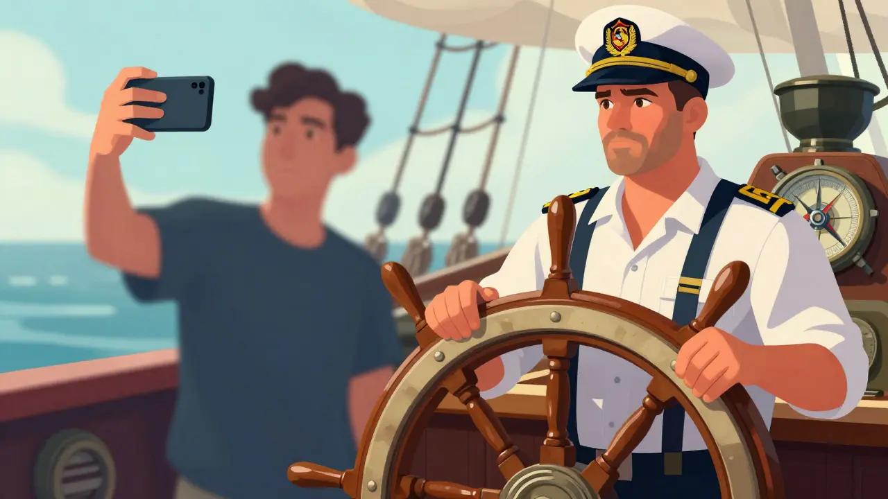 Ilustración que contrasta la fama digital con la experiencia real de navegación marítima